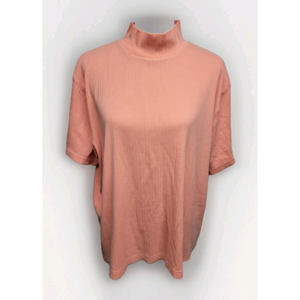 Vintage Venezia Womens Mock Neck Ribbed Comfy Tee Top Coral 22/24 Soft Cotton
